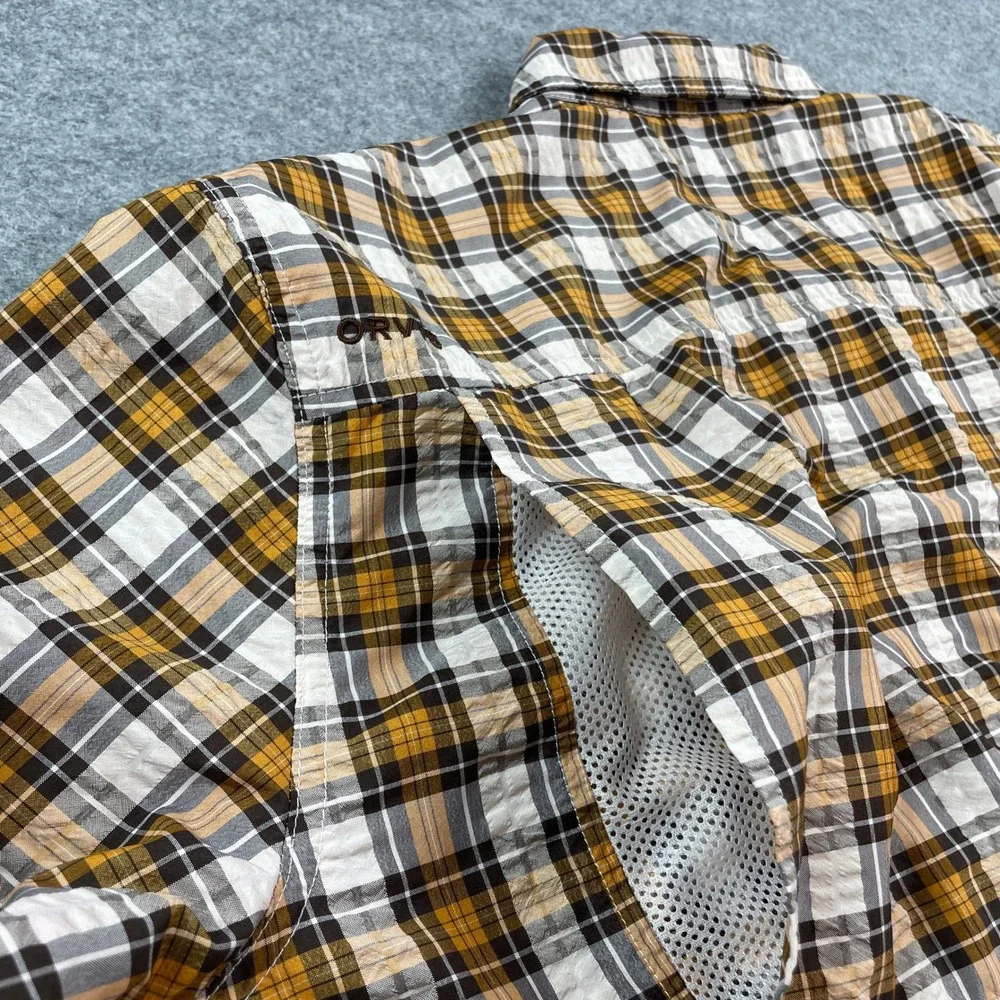 Orvis Mens Shirt L Plaid (Yellow, White, Brown, Gray) Plaid Long Sleeve